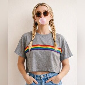 Noisy May Rainbow Crop Tee, size large.